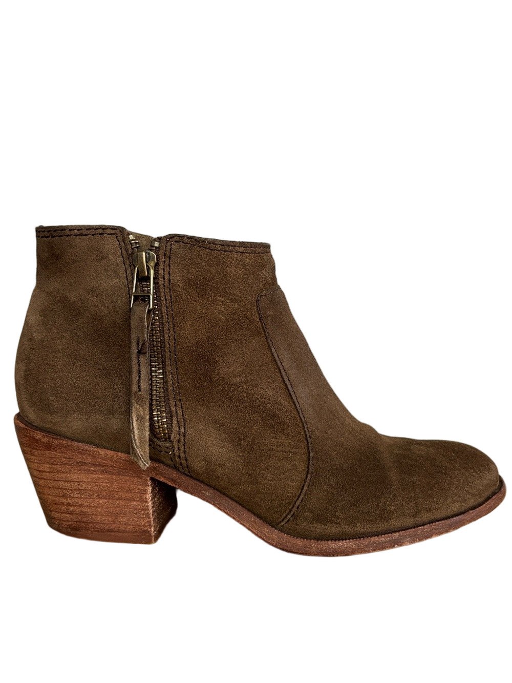 Madewell Women's Brown Green Suede Ankle Boot with Block Heel